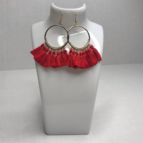 Boho Red Fringe Earrings - Picture 2 of 3